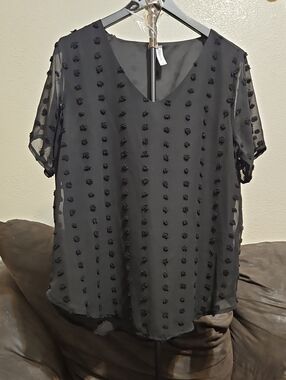 Zenana Outfitters Black Sheer Dot-Embellished V-Neck Blouse